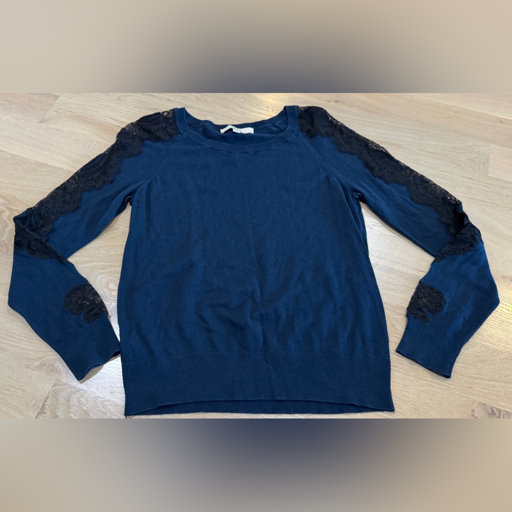 Loft lace sleeve crewneck lightweight sweater navy blue black size medium